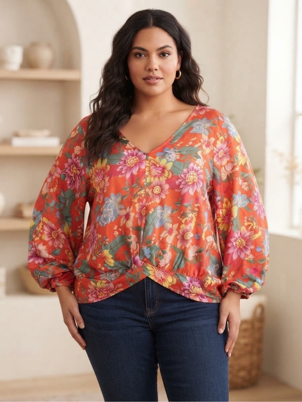 Umgee Orange Floral V-Neck Floral Twist Hem Blouse woth Balloon Sleeve - 2XL